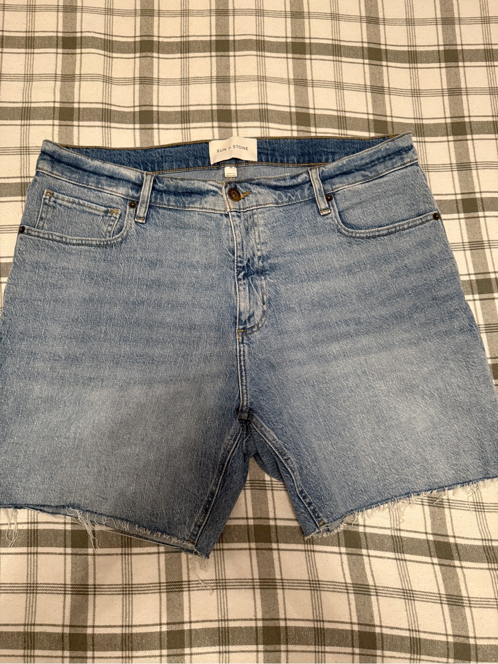 Sun + Stone Light Blue Denim Shorts with Raw Hem